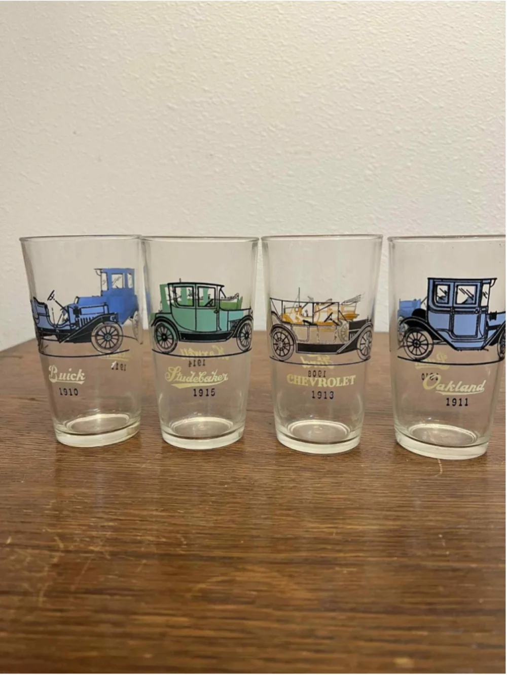 Vintage Libbey Automobile Glass Set 4 Buick Studebaker Chevrolet Oakland Tumbler